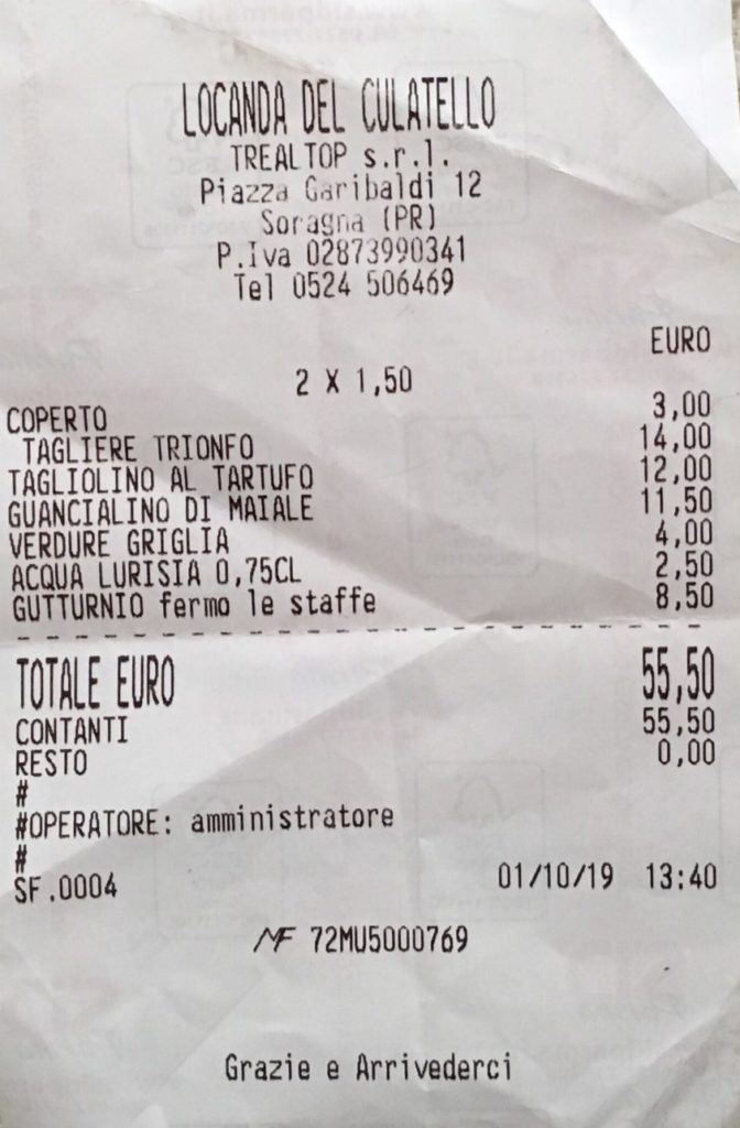 Locanda del Culatello receipt, Parma Italy Restaurant with Tartufo Truffle